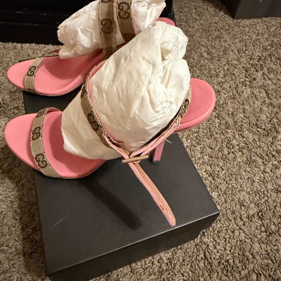 Gucci Shoes - Gucci Pink GG Canvas Ankle-Strap Heels
